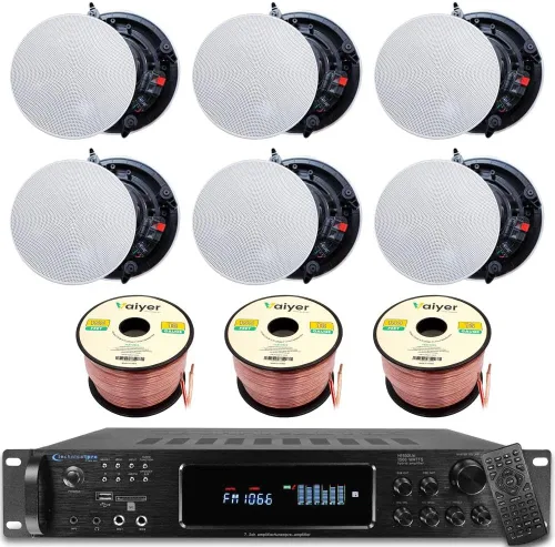 Miniatura 10 de Technical Pro Kit de sistema de sonido de cine en casa, amplificador Bluetooth de 7.2 canales de 1500 vatios con 6 altavoces de techo enmarcados