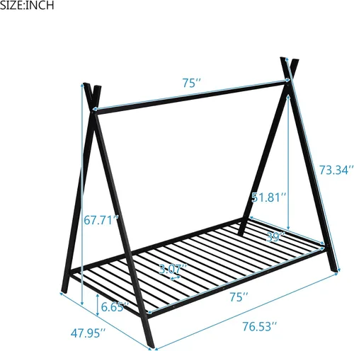 Miniatura 2 de Cama de casa individual para niños, marco de cama de casa, tienda de campaña, tamaño individual, cama de juego de metal con listones para niños