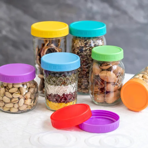 Miniatura 4 de Jumterlee Paquete de 9 Tapas Azules para Frascos Mason de Boca Regular con Anillos de Silicona, 9 Colores para Elegir, Tapas de Plástico