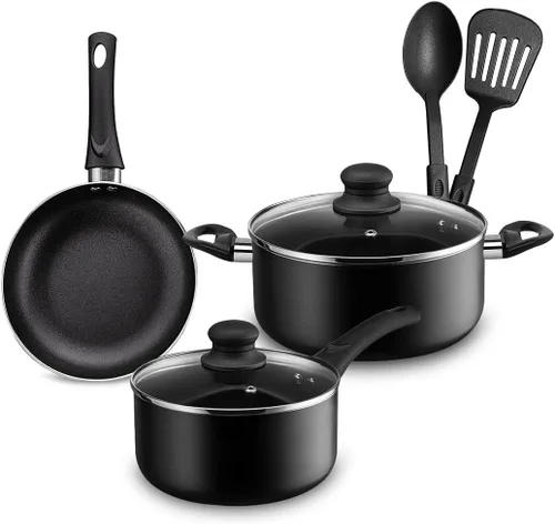 Chef's Star Juego de 7 Piezas de Ollas y Sartenes Antiadherentes, Apto para Lavavajillas, Juego de Utensilios de Cocina de Aluminio con Tapas, Juego