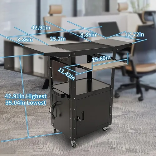 Miniatura 3 de Carrito AV mejorado, carrito AV de acero de altura ajustable con gabinete de bloqueo y bandeja de teclado extraíble, carrito de medios rodantes