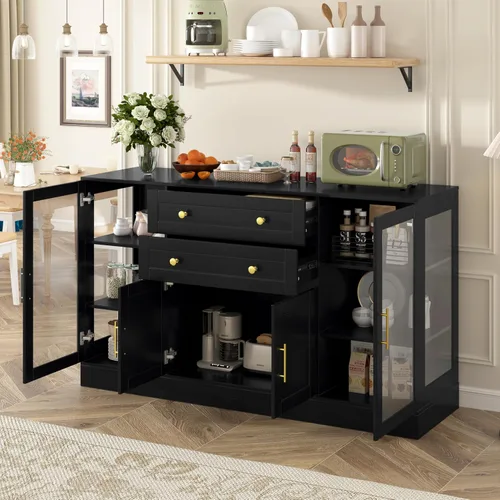 Miniatura 15 de VilroCaz Aparador de armario de almacenamiento curvado con 2 puertas y 2 cajones, mesa consola de entrada de madera de 55 pulgadas con puerta