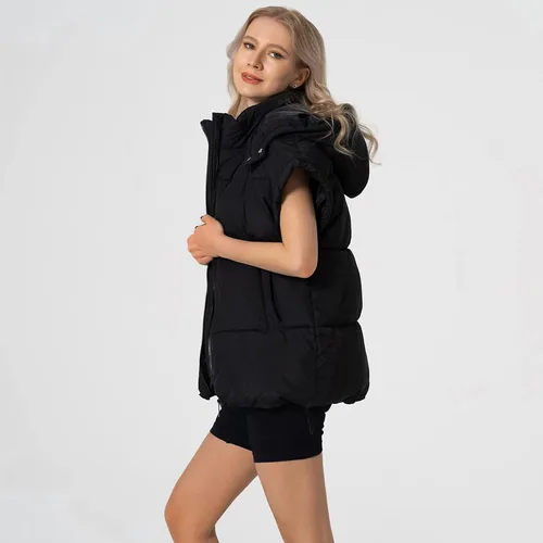 Miniatura 35 de Shiyifa Chaleco acolchado para mujer, chaqueta de gran tamaño, sin mangas, ligera, con cremallera, con capucha desmontable