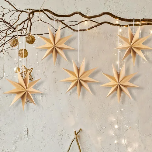 Miniatura 3 de SUNBEAUTY 5 linternas de papel natural de 9 puntas de 12 pulgadas, lámpara colgante de Navidad rústica, decoración de papel, boda, cumpleaños
