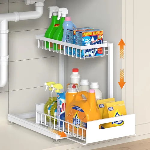 Miniatura 13 de Saydear Organizador de almacenamiento para debajo del fregadero, organizador de armario de cocina extraíble de 2 niveles con cajón deslizante, Negro