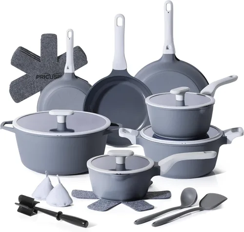 PRICUSIS Juego de ollas y sartenes de cerámica antiadherentes, juego de 21 utensilios de cocina de inducción no tóxicos, 100% aptos para Gris