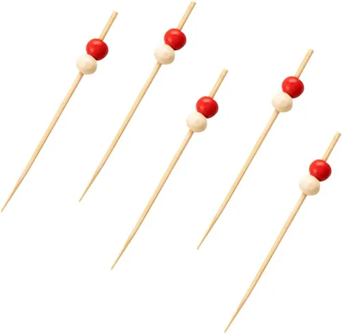 Miniatura 14 de Restaurantware Pinchos de comida de 2.8 pulgadas, 100 palitos de canapé con cuentas, resistentes, desechables, color rojo y crema, púas de madera