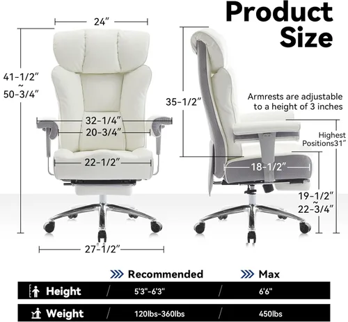 Miniatura 2 de Efomao Silla de oficina grande y alta con reposapiés, silla ejecutiva de respaldo alto de 450 libras con cojín de resorte, tapicería de piel Blanco