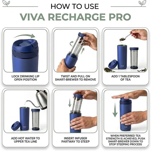 Miniatura 5 de VIVA Recharge - Botella infusor de té, vaso de té de viaje de acero inoxidable aislado de 16 onzas con infusor para hojas sueltas, té y café Azul