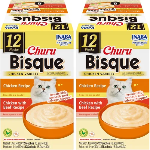 Miniatura 16 de INABA Churu Bisque para gatos, plato de puré cremoso para lamer con vitamina E, 1.4 onzas por bolsa, 12 bolsas, receta de pollo