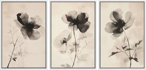 Miniatura 129 de SIGNWIN Lienzo enmarcado para pared, juego de arte de collage de hojas transparentes en blanco y negro, ilustraciones de naturaleza silvestre, arte