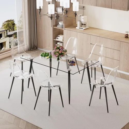 Miniatura 8 de Baysitone Mesa de comedor de cristal para 4 personas con tapa de vidrio rectangular transparente de 51 pulgadas, muebles de cocina de vidrio Negro