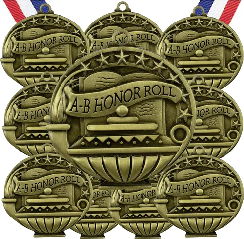 Miniatura 11 de Express Medals Pack of 10 (or More) Engraved Scholastic Honor Roll Award Medals with RWB Neck Ribbons