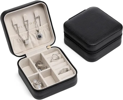 Miniatura 2 de Organizador de joyas Vlando para almacenaje y exhibición, joyero para viaje, imitación de piel, para anillos, aretes, collares., Negro, S