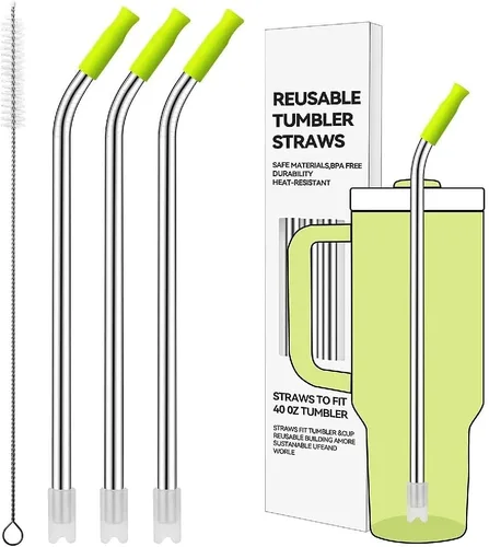 Pajitas de metal dobladas para vaso Stanley de 40 onzas, paquete de 3 popotes reutilizables de acero inoxidable con puntas de silicona y cepillo