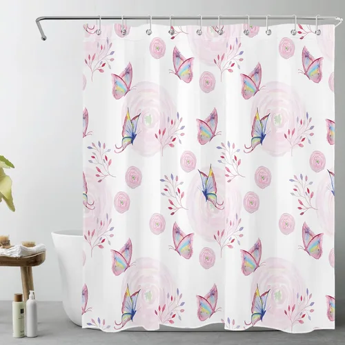 LB Cortina de ducha floral de mariposa rosa con flores rosas con mariposas coloridas, cortina de ducha de baño de plantas de acuarela con ganchos,