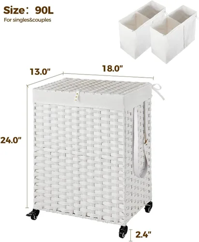 Miniatura 84 de GREENSTELL Cesta para ropa sucia con ruedas y tapa, 130 L, cesta grande de 3 secciones con 2 tipos de bolsas de forro extraíbles, 5 bolsas de malla