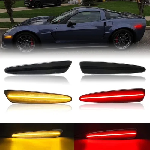 R&F Auto 4 piezas de lámparas laterales LED con lente ahumada compatibles con Corvette C6 (2005-2013)/Z06/ZR1/Grand Sport/Z06 Carbon Amber Red LED