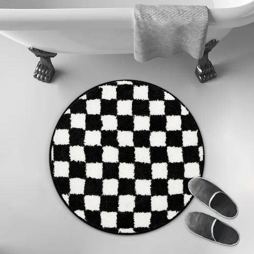 Miniatura 6 de Alfombras redondas a cuadros para baño, lavables a máquina, negras y blancas de 2 pies, alfombrilla de baño antideslizante y absorbente, alfombra