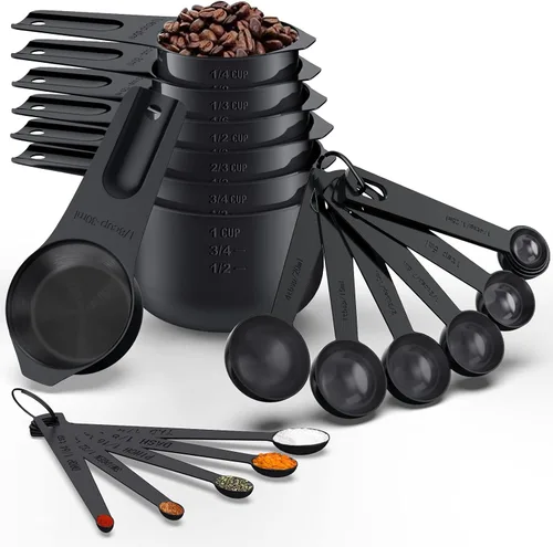 Wildone - Juego de 21 tazas y cucharas medidoras de acero inoxidable, apilables de metal para cocinar y hornear, incluye 7 tazas, 9 cucharas y 5