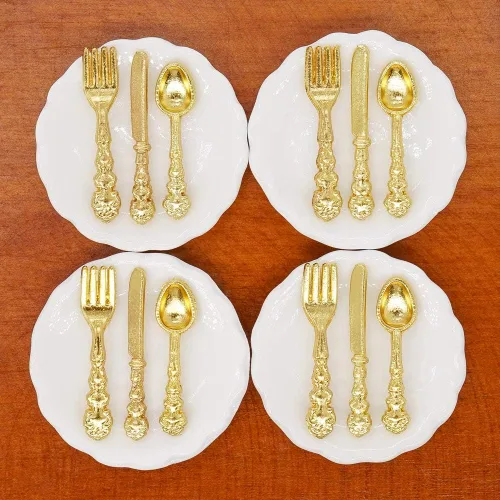 Miniatura 11 de Odoria 1/12 Platos en miniatura y cubiertos Cuchillo Tenedor Cuchara Juego de accesorios para casa de muñecas, plata plateado