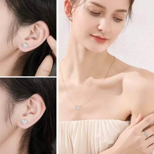 Miniatura 2 de DAYBYDAY Aretes de plata de ley 925 de moissanita para mujeres y niñas, delicados y lindos corazones, redondos, cojines, ovalados, color D, VVS1