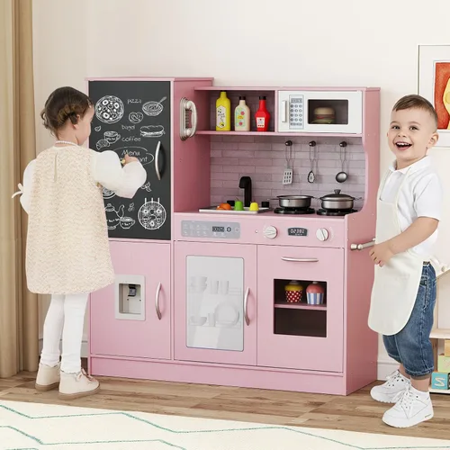 Miniatura 9 de Costzon Juego de cocina para niños, gran juego de juguetes de cocina de chef de madera con sonidos y luces reales, microondas, pizarra, horno, Rosa