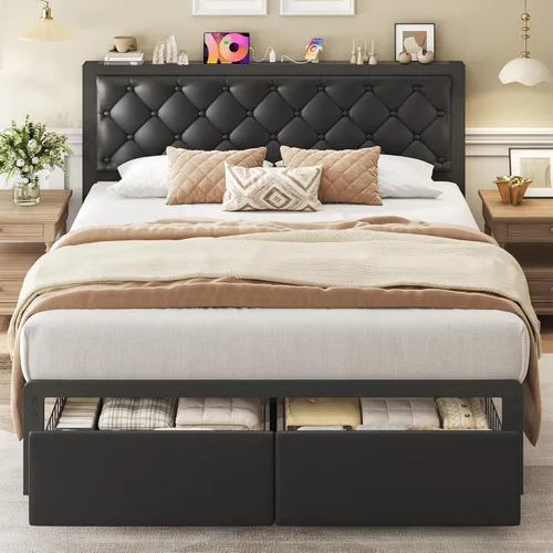 Miniatura 3 de Fluest - Base de cama tamaño Queen con 2 cajones de almacenamiento, cabecero tapizado con botones y estación de carga, no necesita somier, libre