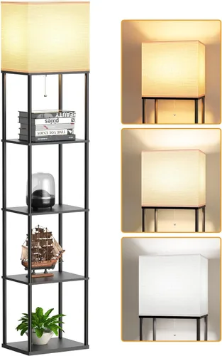 Miniatura 17 de Lámpara de pie con estantes para sala de estar blanca, lámpara de pie con estante con bombilla LED de 3 CCT, lámpara de columna de pie de esquina