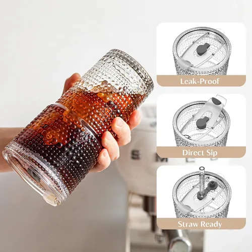 Miniatura 4 de INSETLAN Vasos de vidrio de hobnail de 20 onzas con tapas y pajitas de vidrio, 2 piezas, vasos de vidrio de pared gruesa para café helado, batidos