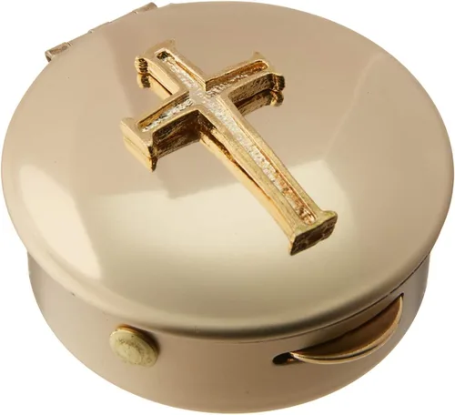 Cathedral Art Metal (Abbey & CA Gift) latón pulido PYX con cruz/píldora/caja de recuerdo, 1.5 x 1.5 x .5 pulgadas