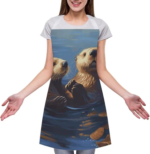 Miniatura 3 de MUSM Sea Otters Painting Apron，Classic Vintage Funny with Pockets Aprons,Adjustable Bib Waterdrop Resistant for Kitchen Cooking Restaurant BBQ