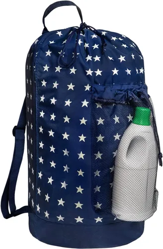 Dalykate Mochila Bolsa para Lavandería, Mochila para Lavandería con Correas para el Hombro y Bolsillo de Malla, Bolsa Cesto para Ropa de Nailon Azul