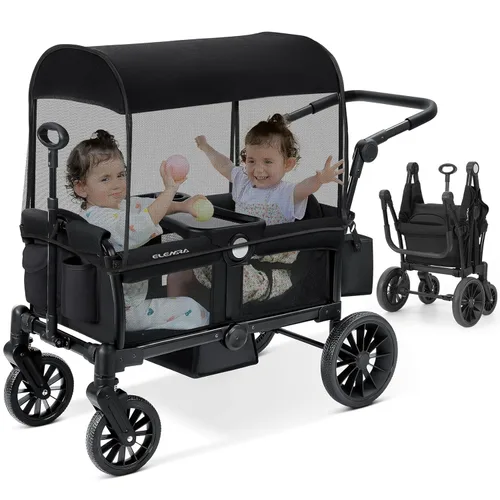 ELEMARA Cochecito Vagón Plegable, Cochecito Vagón para 2 Niños, Vagón Premium Todo Terreno para Niños con Toldo Removible, Mango Ajustable para