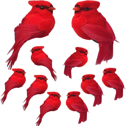 BANBERRY DESIGNS Adornos de Navidad cardenales con clip, decoraciones de cardenal Hoiiday con clips plateados, cuerpos flocados rojos con alas de