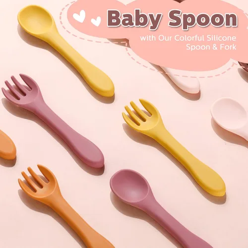 Miniatura 6 de Juego de 10 cucharas de destete y tenedores LED para bebés, cucharas de silicona para bebés, primeros utensilios de entrenamiento para bebés