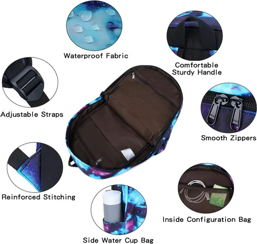 Miniatura 3 de Juego de mochila de lona impermeable Galaxy para laptop de 14 pulgadas, mochila escolar universitaria con lonchera y estuche para lápices