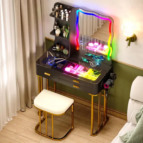 Miniatura 11 de Mesa de Tocador RGB para Maquillaje con Estación de Carga Inalámbrica, Escritorio de Tocador con Espejo Iluminado y Silla, 8 Cajones, Taburete, Mesa