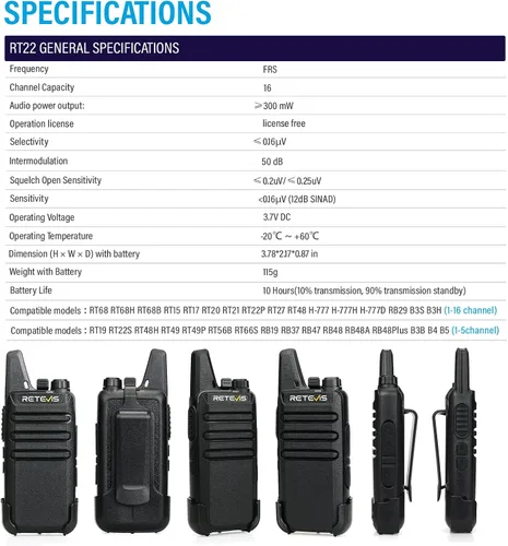 Miniatura 13 de Retevis RT22 Walkie Talkies Mini, radio bidireccional recargable de largo alcance, radio de 2 vías pequeña, VOX portátil, para negocios, negocios