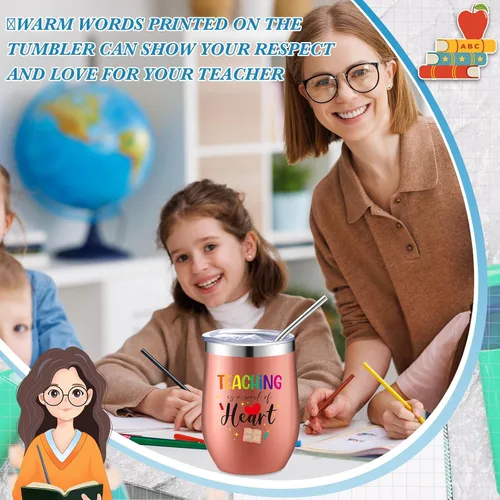 Miniatura 5 de Nuanchu Juego de 12 vasos de vino de acero inoxidable con tapas y popotes, regalos de agradecimiento para profesores, regalos de Navidad, 12 onzas