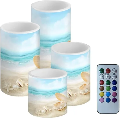 Miniatura 46 de Velas LED parpadeantes operadas por batería, juego de 4 con control remoto y temporizador, velas de llama danzante, velas de pilar para mesa, Playa