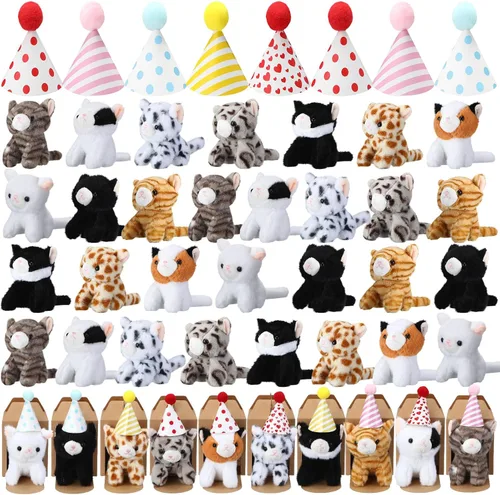Miniatura 13 de Juego de 20 Mini Juguetes de Peluche Animales de Peluche Perros con Sombreros de Cumpleaños Cajas de Papel Kraft Cachorros de Peluche Pequeños