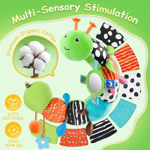 Miniatura 2 de Juguetes para Bebés Sensoriales Musicales Peluche de Animal para Infantes de 0-3-6-12 Meses Tiempo Boca Abajo Recién Nacido, Oruga de Felpa con Verde