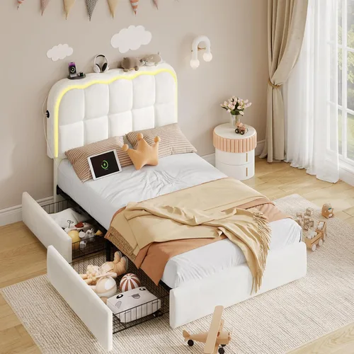 CypBed Base de cama individual con cajones de almacenamiento y cabecero, base de cama LED tapizada de terciopelo para niños, marco de cama de metal