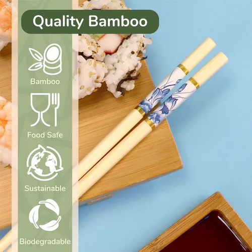 Miniatura 6 de BambooMN Palillos japoneses reutilizables de bambú premium, estampado floral, 9.5 pulgadas, color azul, 6 pares