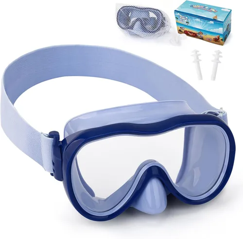 Máscara de snorkel para niños, máscara de buceo de 180° con cubierta para la nariz, gafas de natación antiniebla para niños con correa de tela Azul
