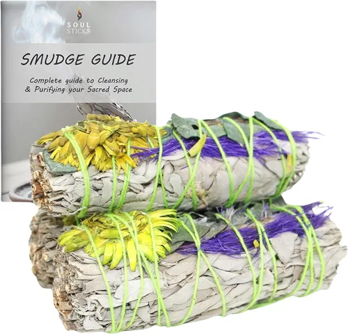 Miniatura 16 de SOUL STICKS Paquete de 3 barras de salvia blanca floral con flores para limpiar el hogar, meditación, yoga, curación y manchas, California de origen