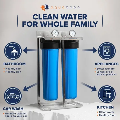 Miniatura 7 de Aquaboon Sistema de filtro de agua de 2 etapas para toda la casa con prefiltro, hierro y manganeso de 20 x 4.5, filtros de sedimentos, manómetro