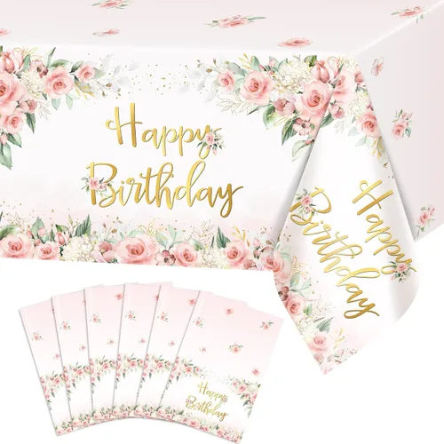 Miniatura 7 de Avezano 3 piezas de decoración de fiesta de oro rosa, manteles florales de feliz cumpleaños para niñas y mujeres, suministros de fiesta