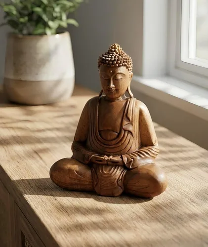 Miniatura 6 de G6 Collection Estatua de Buda de madera serena sentada hecha a mano, escultura meditante, figura de madera, acento decorativo, rústico, hecho a